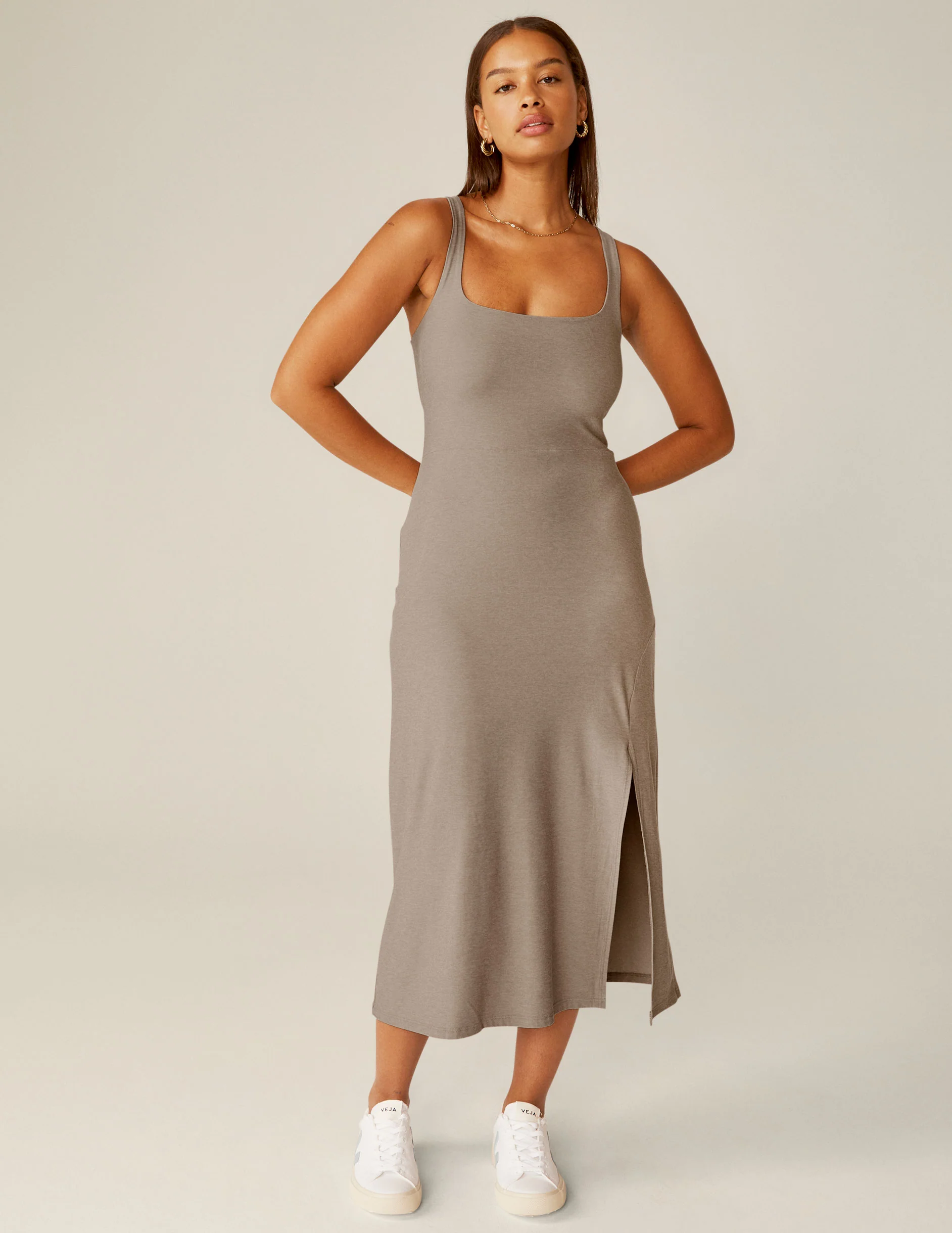 Featherweight Square Neck Slit Midi Dress - Styles Love
