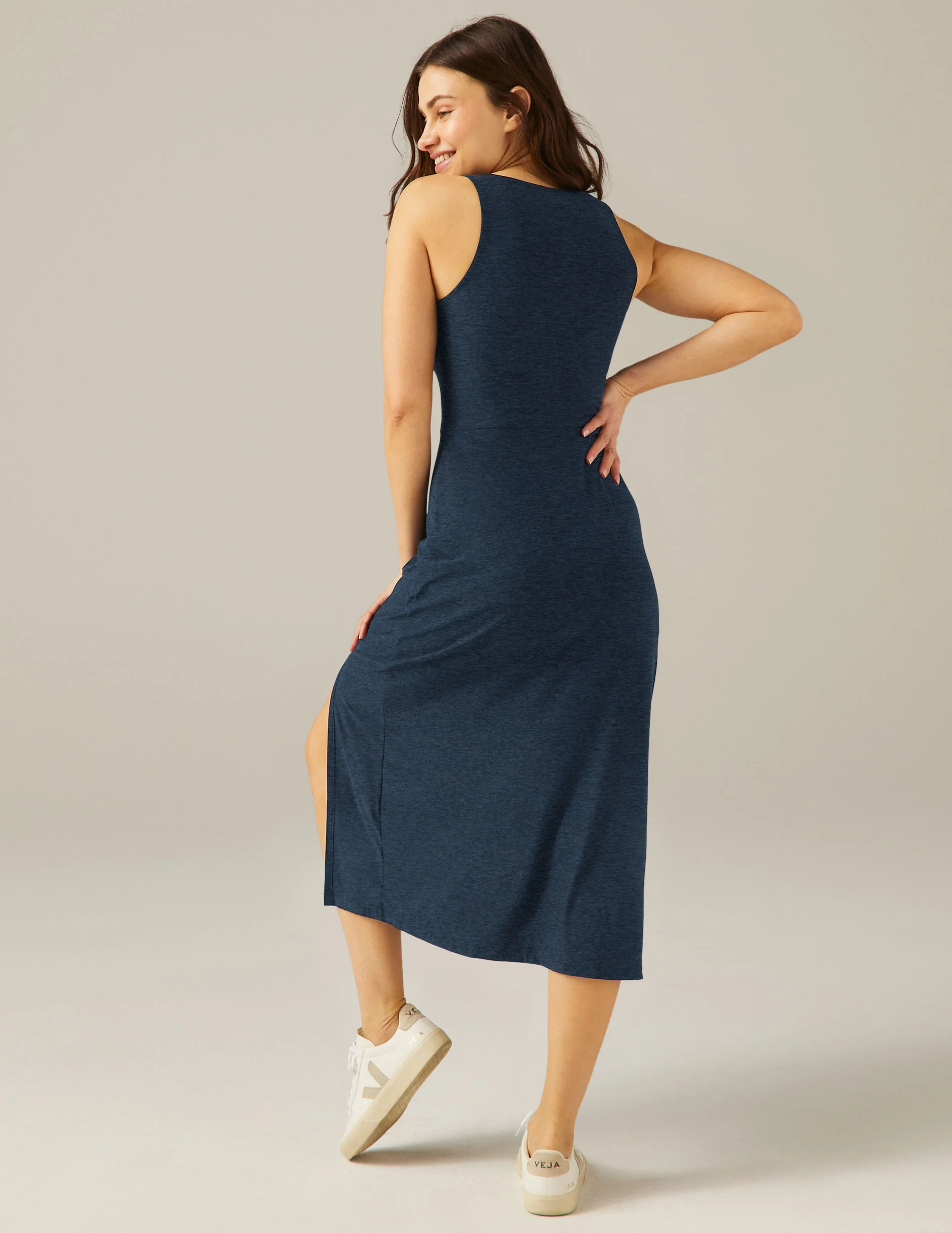Featherweight Square Neck Slit Midi Dress - Styles Love