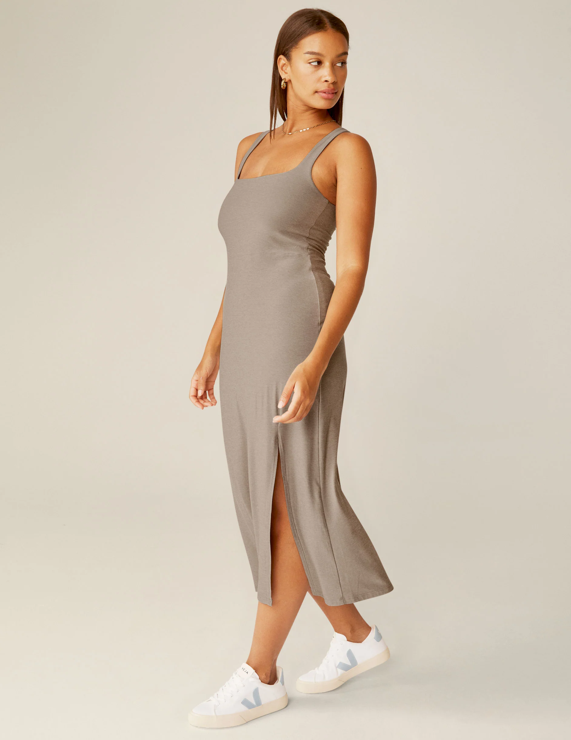 Featherweight Square Neck Slit Midi Dress - Styles Love